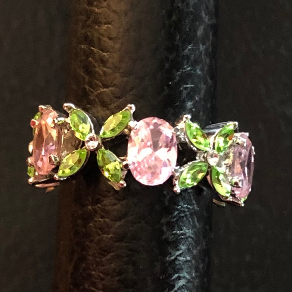 Pink CZ Flower Eternity Band Ring Silver Tone Camille Lucie